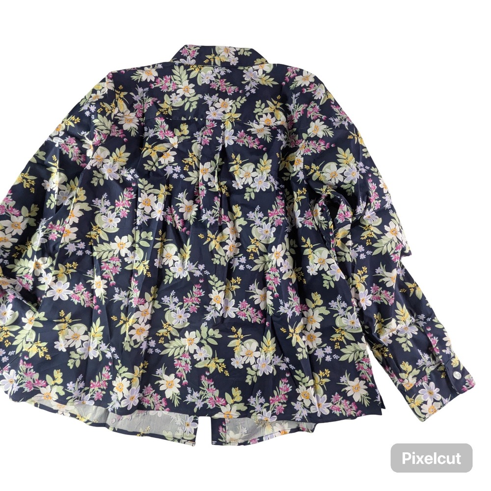 Denim & Co Floral Button Down Shirt Navy Blue Large Long Sleeve Cotton Blend